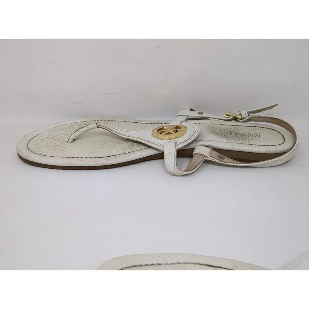 Michael‎ Kors Thong Sandals Leather Flat Big MK Logo Leather White Women's 7.5 M